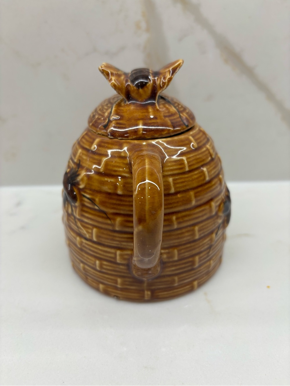 Vintage Brown Glazed Ceramic Honey Pot Bee Hive Jar Pot Raised Bees Cork and Lid - Picture 3 of 8